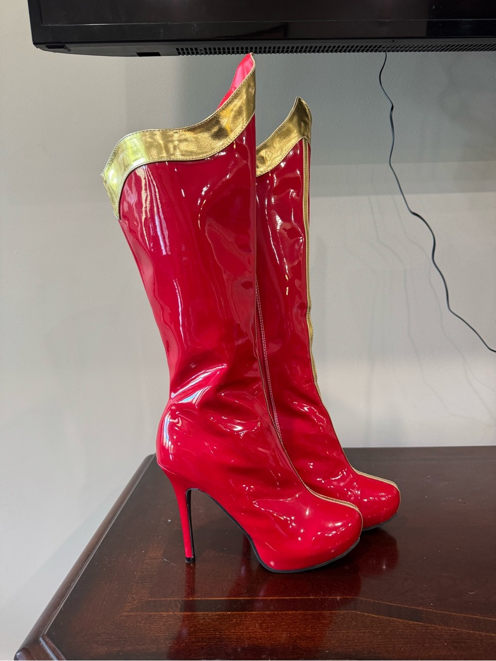 Elle Red Patent Knee-High Boots with Gold Trim